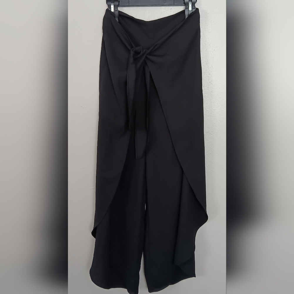 Jealous Tomato Black Wide Legs Pants Front Slit Draped Zip Back And Tie Front L